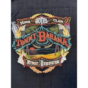 #A064 Tommy Bahama Mens Medium 100% Silk Camp Shirt High Class Hotel Embroidered